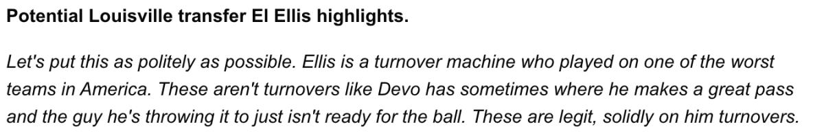 A screen shot of a breakdown of El Ellis that highlights him as a turnover machine.